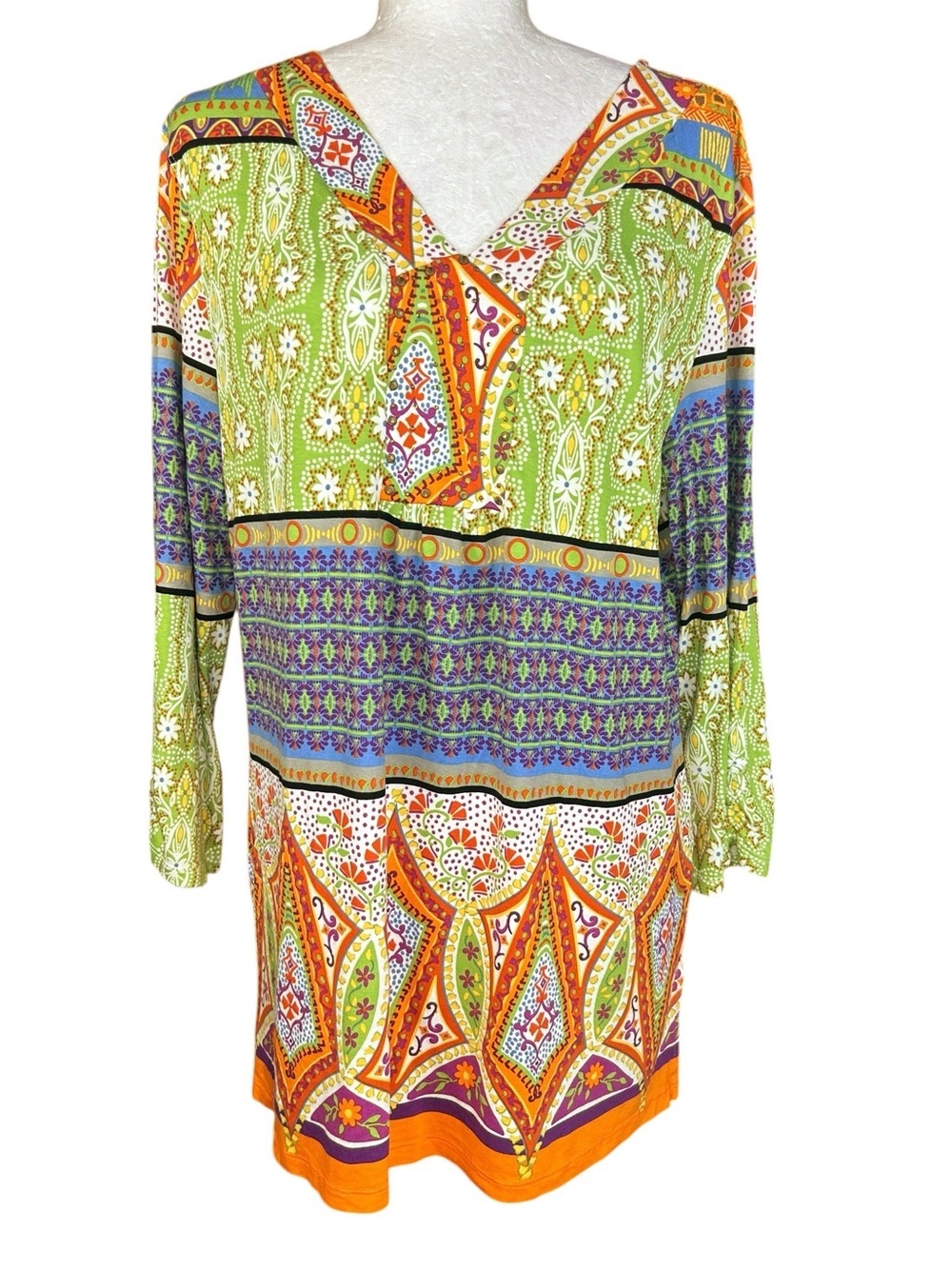 Multiples Boho V-Neck Tunic Top L Embellished Colorful Stretchy Flowy